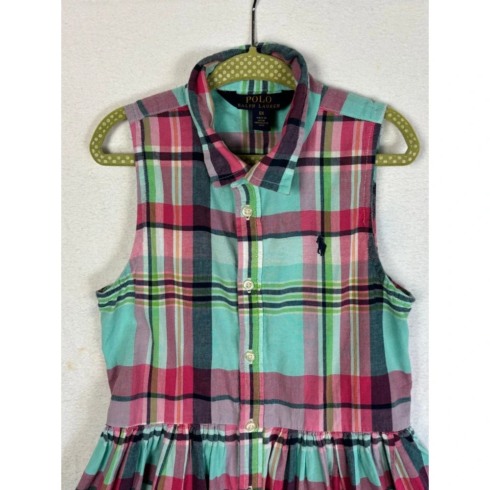 Polo Ralph Lauren Girls 6X Plaid Madras Sleeveless Button Front Shirt Dress Blue